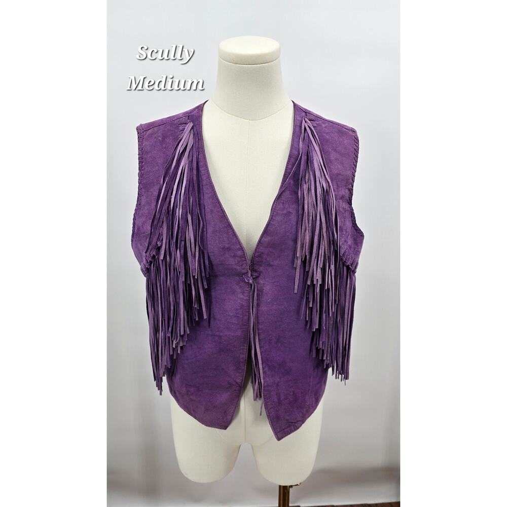 Vintage Boho Edgy Western Scully Purple Leather Fringe Vest - Medium‎